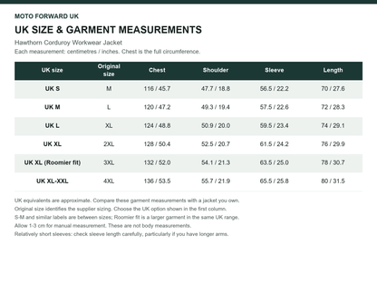 Men’s Hawthorn Corduroy Workwear Jacket UK and original size comparison with garment measurements in cm and inches