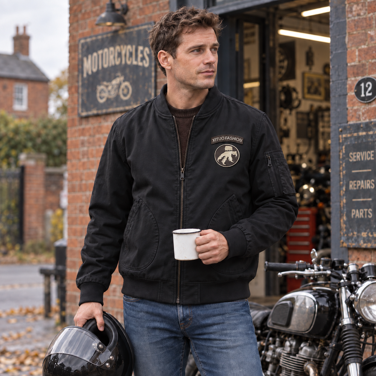 Men’s Whitfield Cotton Flight Bomber Jacket worn beside a parked motorcycle in Britain