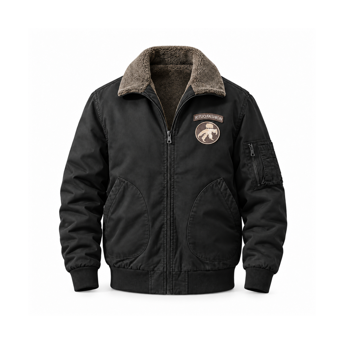 Men’s Whitfield Cotton Flight Bomber Jacket - Black Fleece-Lined front view