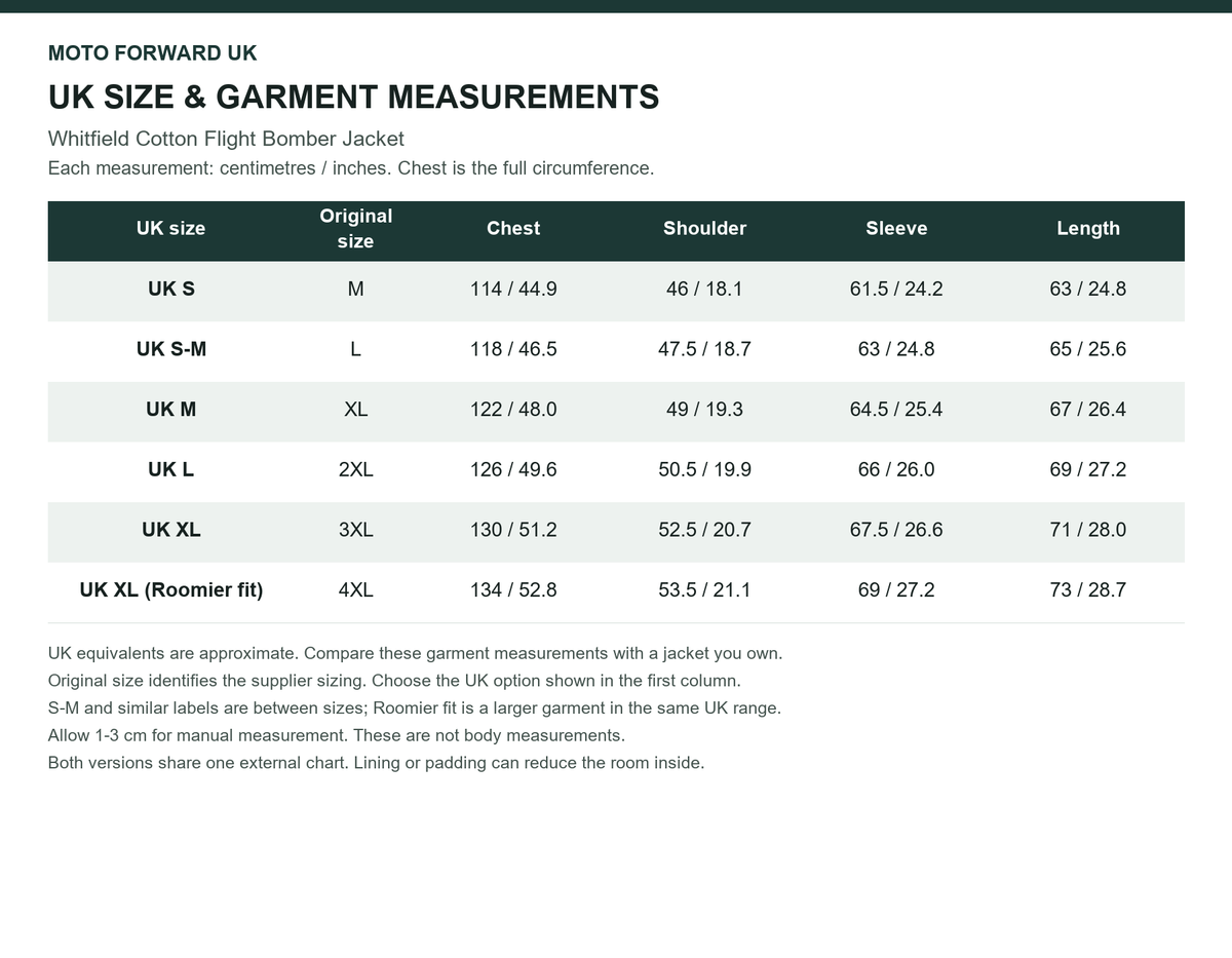 Men’s Whitfield Cotton Flight Bomber Jacket UK and original size comparison with garment measurements in cm and inches