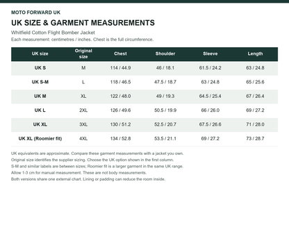 Men’s Whitfield Cotton Flight Bomber Jacket UK and original size comparison with garment measurements in cm and inches