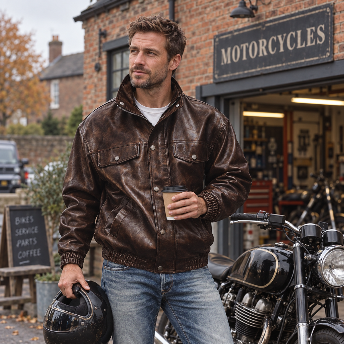 Men’s Westbourne Leather-Look Utility Jacket worn beside a parked motorcycle in Britain