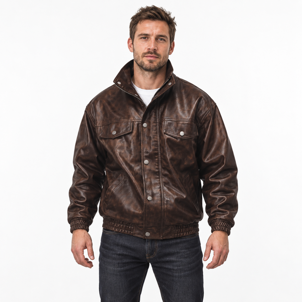 Men’s Westbourne Leather-Look Utility Jacket on model, front view