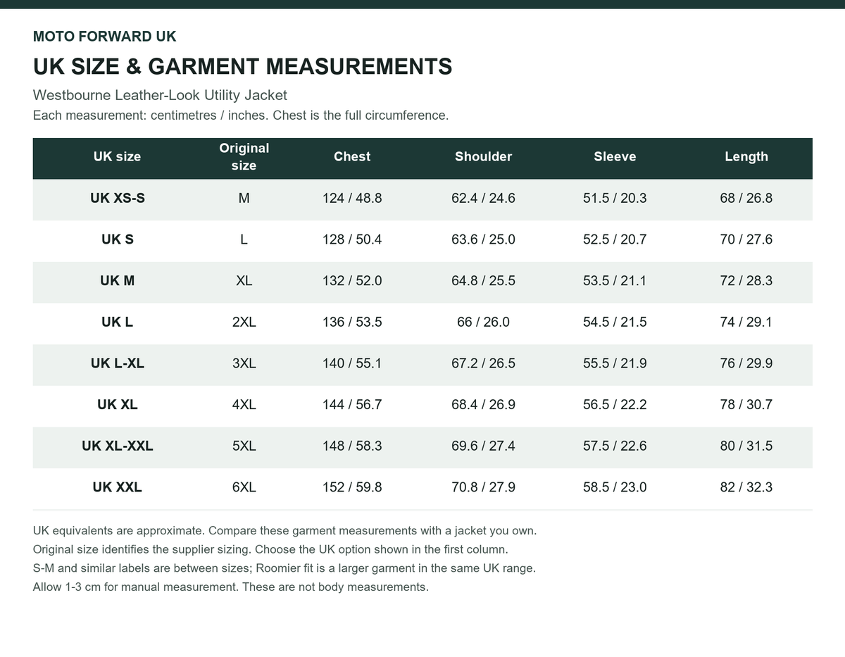 Men’s Westbourne Leather-Look Utility Jacket UK and original size comparison with garment measurements in cm and inches