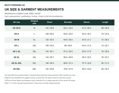 Men’s Westbourne Leather-Look Utility Jacket UK and original size comparison with garment measurements in cm and inches