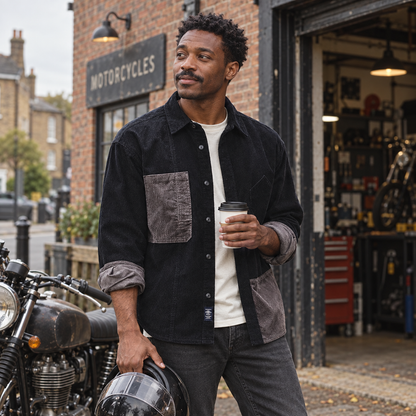 Men’s Brixton Contrast Corduroy Overshirt worn beside a parked motorcycle in Britain