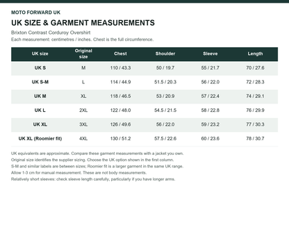 Men’s Brixton Contrast Corduroy Overshirt UK and original size comparison with garment measurements in cm and inches