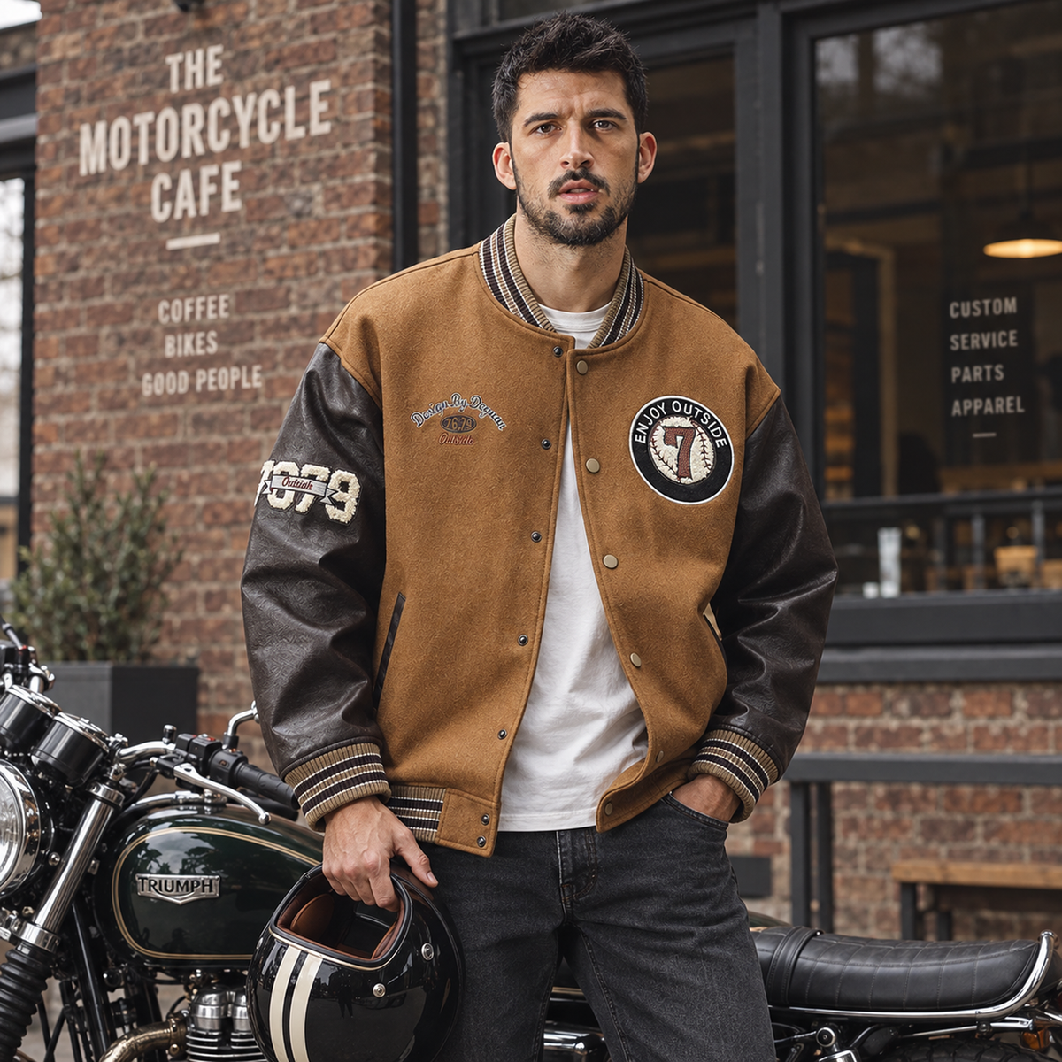 Men’s Chester Wool-Blend Varsity Jacket worn beside a parked motorcycle in Britain