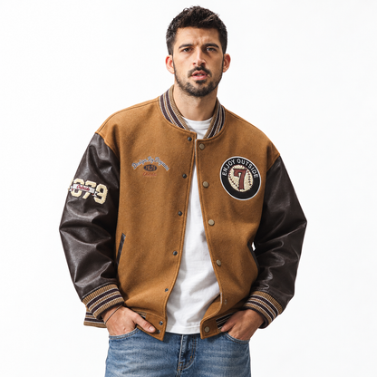Men’s Chester Wool-Blend Varsity Jacket on model, front view