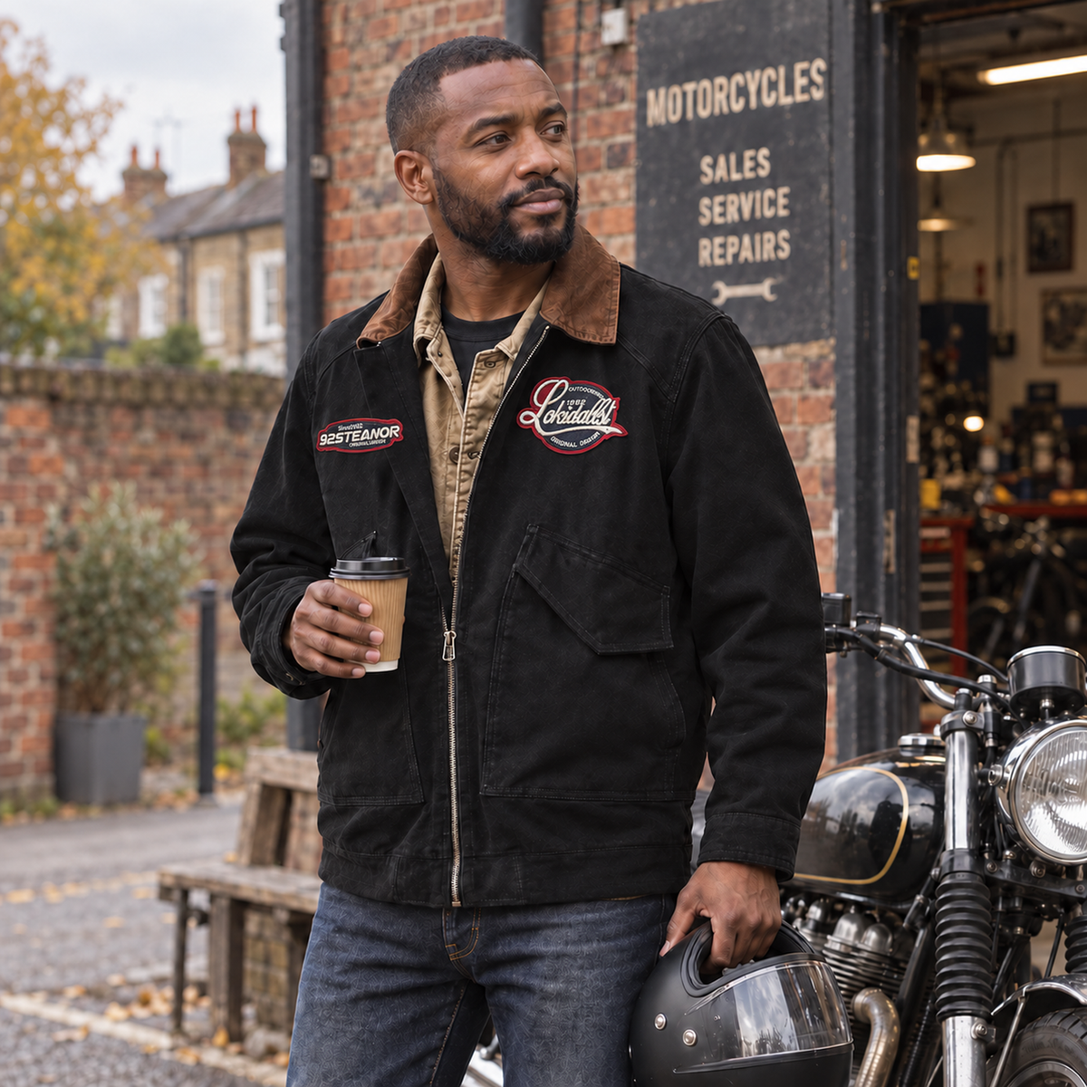 Men’s Harlow Cotton Workwear Jacket worn beside a parked motorcycle in Britain