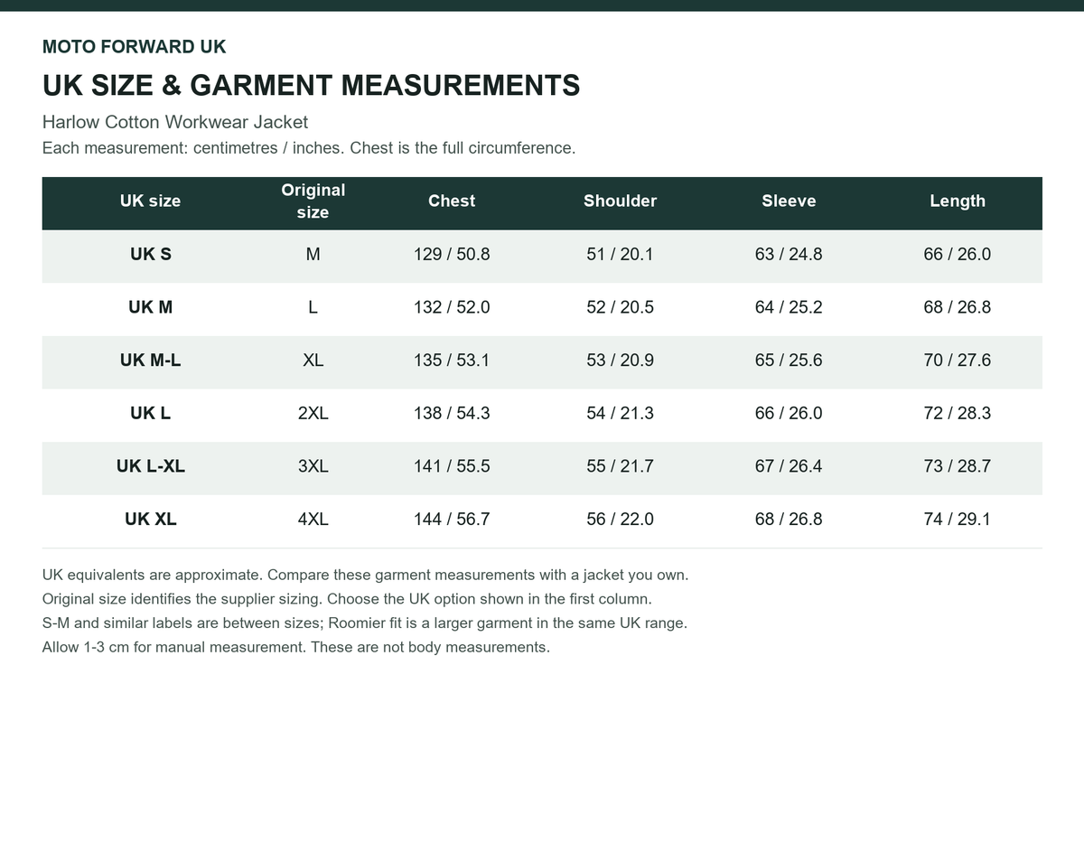 Men’s Harlow Cotton Workwear Jacket UK and original size comparison with garment measurements in cm and inches