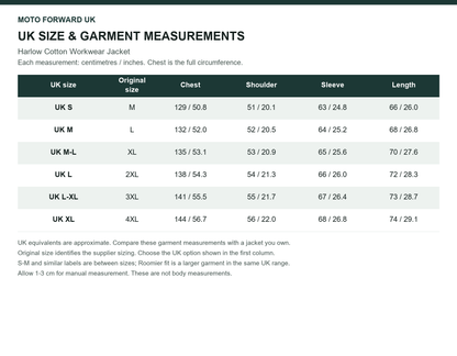Men’s Harlow Cotton Workwear Jacket UK and original size comparison with garment measurements in cm and inches