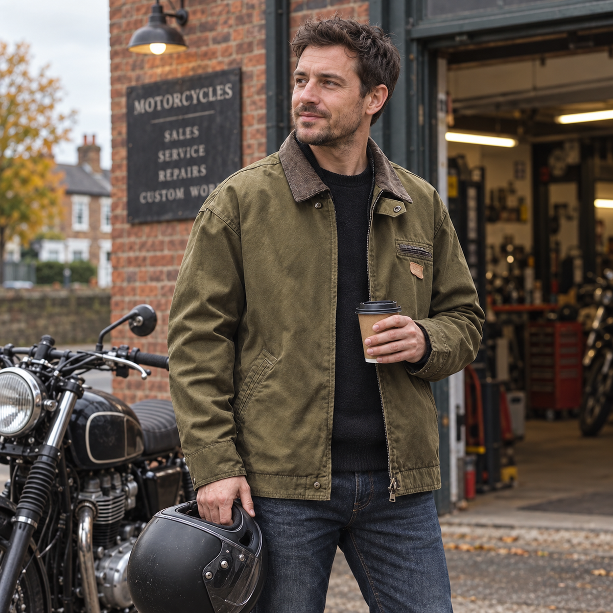 Men’s Mercer Cotton Canvas Jacket worn beside a parked motorcycle in Britain