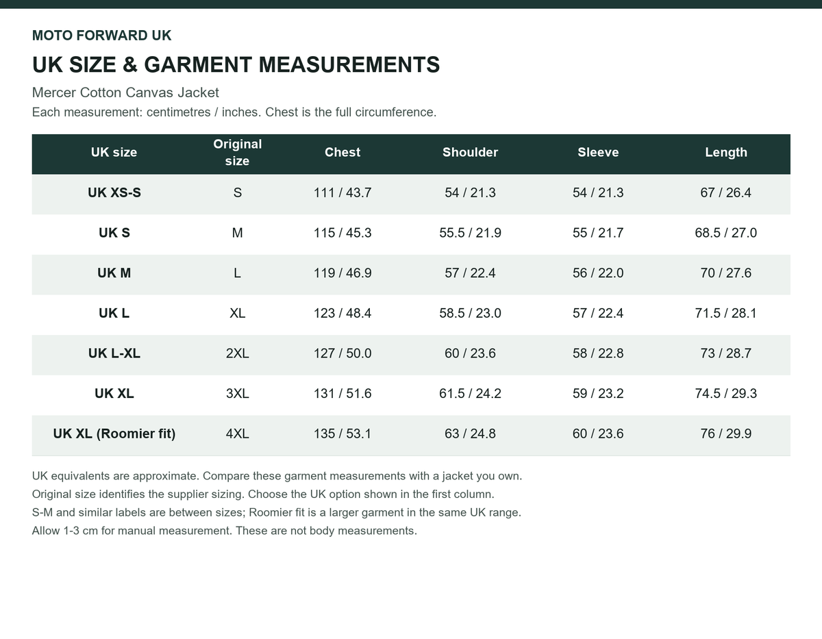 Men’s Mercer Cotton Canvas Jacket UK and original size comparison with garment measurements in cm and inches