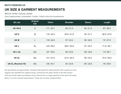 Men’s Mercer Cotton Canvas Jacket UK and original size comparison with garment measurements in cm and inches