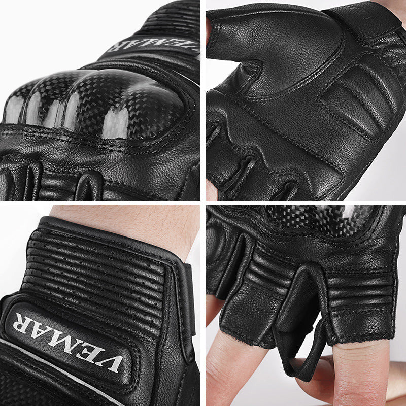 Genuine Leather Carbon Fiber Fingerless Gloves