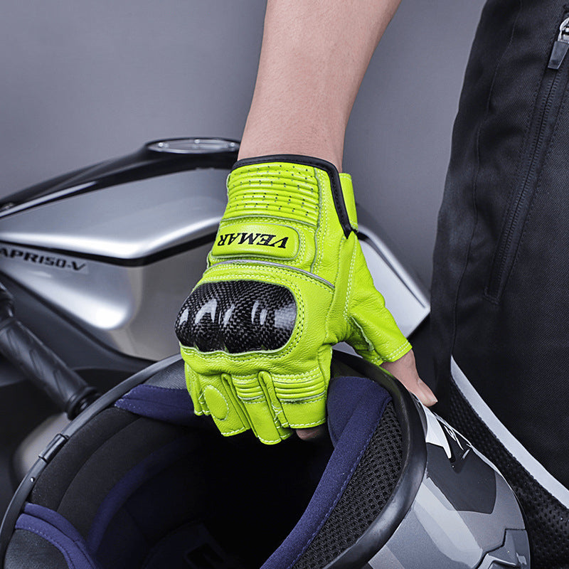 Genuine Leather Carbon Fiber Fingerless Gloves
