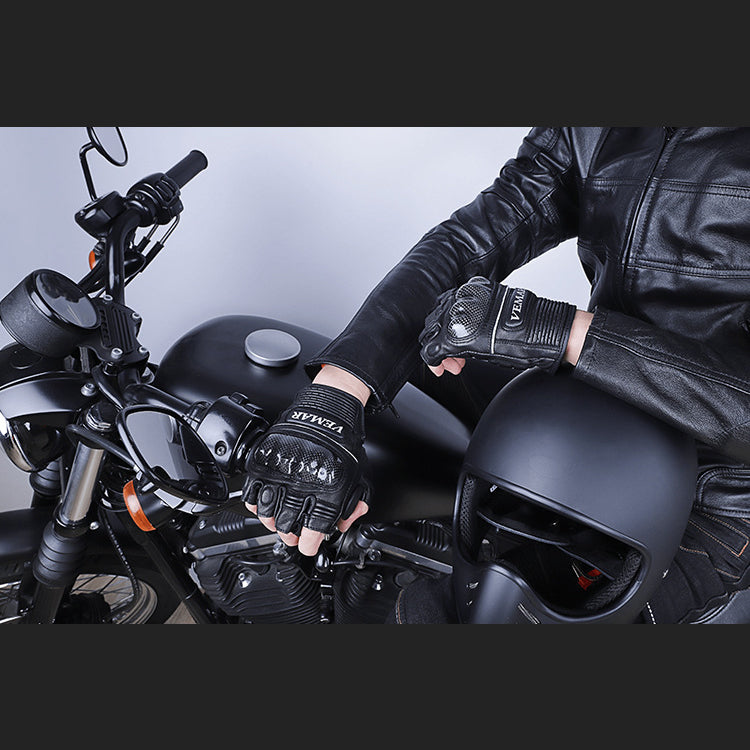 Genuine Leather Carbon Fiber Fingerless Gloves