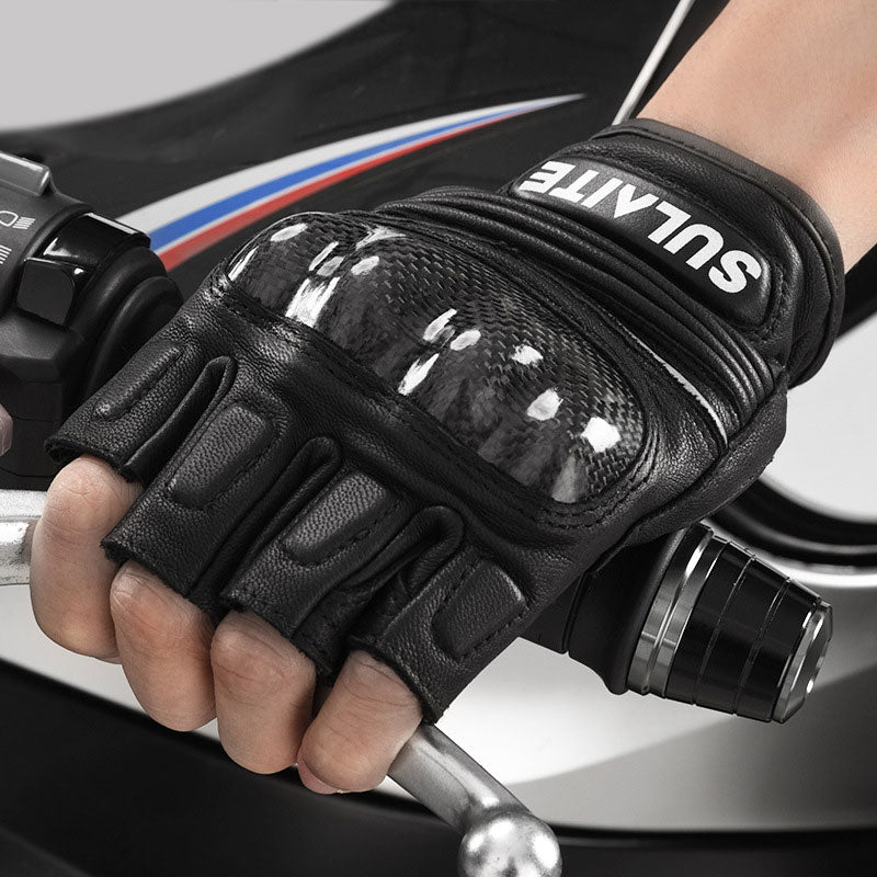 Summer Carbon Fiber Genuine Leather Fingerless Gloves