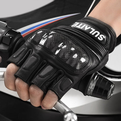 Summer Carbon Fiber Genuine Leather Fingerless Gloves