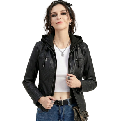 Women's Leather Jacket with Hood