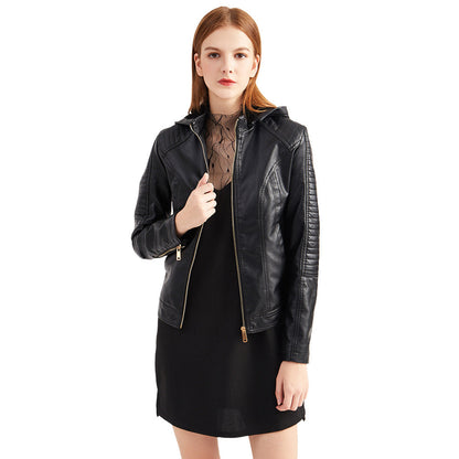 Faux Leather Jacket with Removable Hood