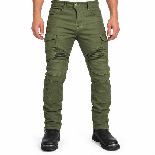 Men's R19 Cargo Denim Water-Repellent Motorcycle Jeans — front fit, waist-down studio view