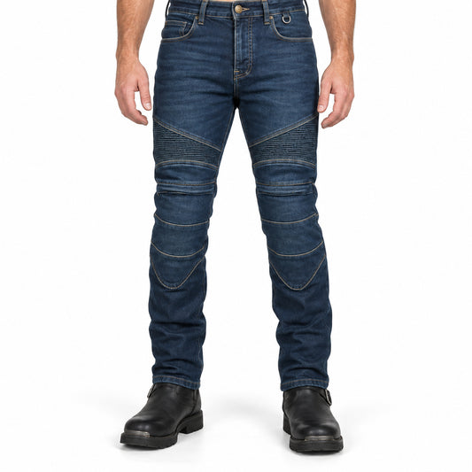 Fierce 28 Men's Riding Jeans with CE Armour Protector — front fit, waist-down studio view