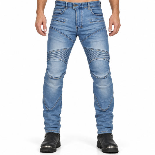 Men’s Classic Motorcycle Slim Fit Riding Jeans — front fit, waist-down studio view