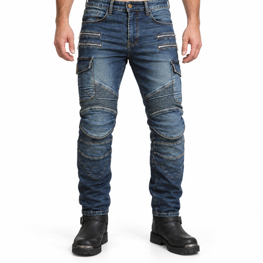 Motorcycle Off-Road Racing Denim Anti-Fall Jeans — front fit, waist-down studio view