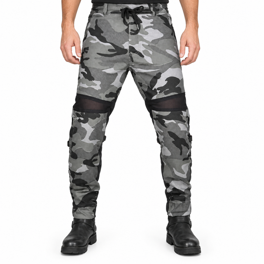 Men’s Summer Camo Moto Jeans with Mesh Panels – model front