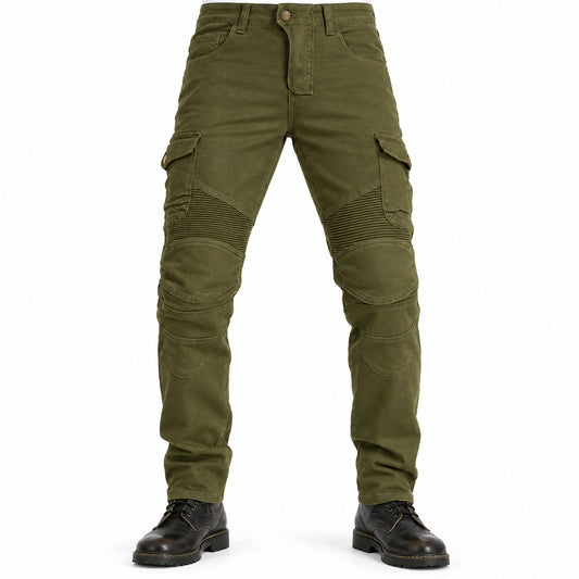Motorcycle Racing Denim LB1 Trousers with Protective Pads – Army Green – model front view